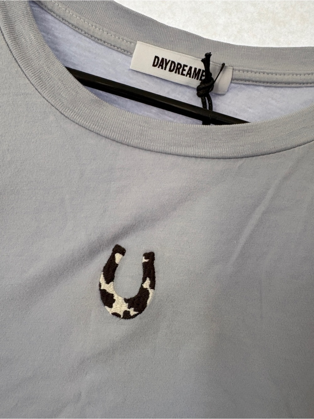 Daydreamer Light Blue Cropped Long-Sleeve Pullover with Cute Horseshoe Patch - Picture 4 of 4